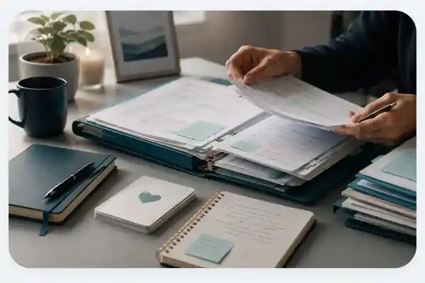 Hands organizing medical records, notes, and advocacy documents in a calm workspace
